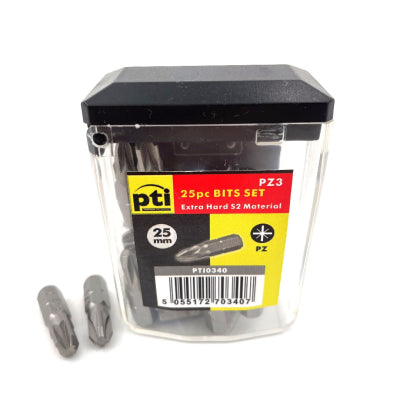PTI Pozi 3 x 25mm Long Screwdriver Bits Tic Tac Tub of 25 Bits PZ3
