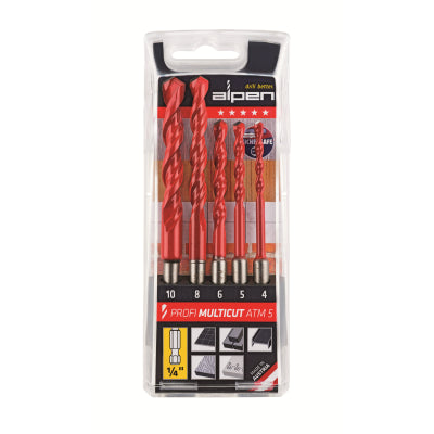 Alpen 5pc Profi Multicut Multi Material Drill Set 1/4" Hex Shank Metal Wood