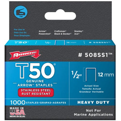 Arrow T50 1/2" - 12mm Stainless Steel Staples Pack of 1000