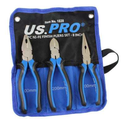 US PRO 3pc 8" Plier Set Nickel Plated - Combination, Diagonal, Long Nose 1828