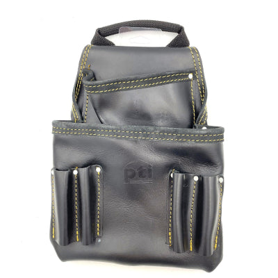 PTI Premium Black Leather Single Tool Pouch with 2 Pockets and 4 Tool Holder Slots