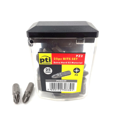PTI Pozi 2 x 25mm Long Screwdriver Bits Tic Tac Tub of 25 Bits PZ2