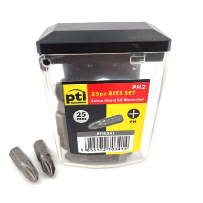 PTI Phillips 2 x 25mm Long Screwdriver Bits Tic Tac Tub of 25 Bits PH2